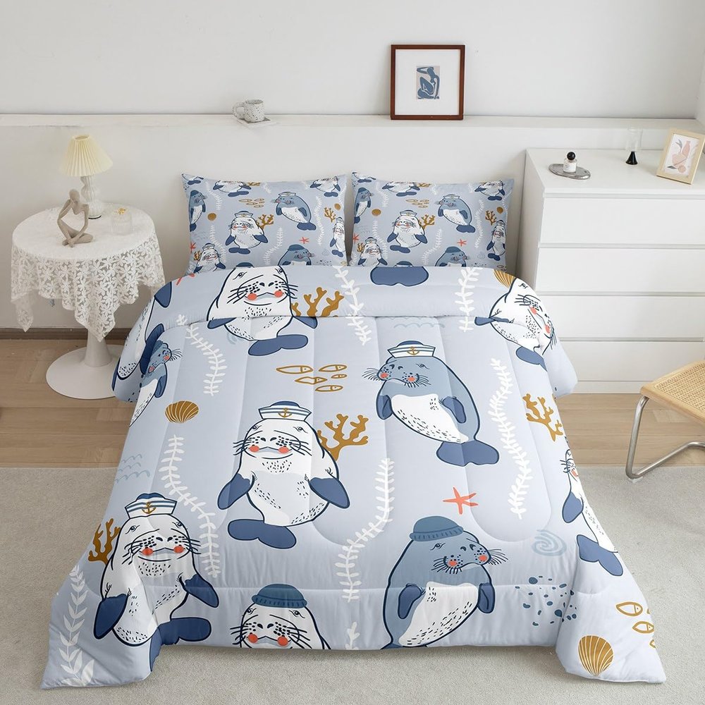 Erosebridal Cute Manatees Comforter Set Queen, Sailor Caps Bandanas Bedding for Kids, Creative Scandinavian Style Room Decor Kawaii Marine Life Coral Bedding Comforter Sets, Blue Grey Quilt