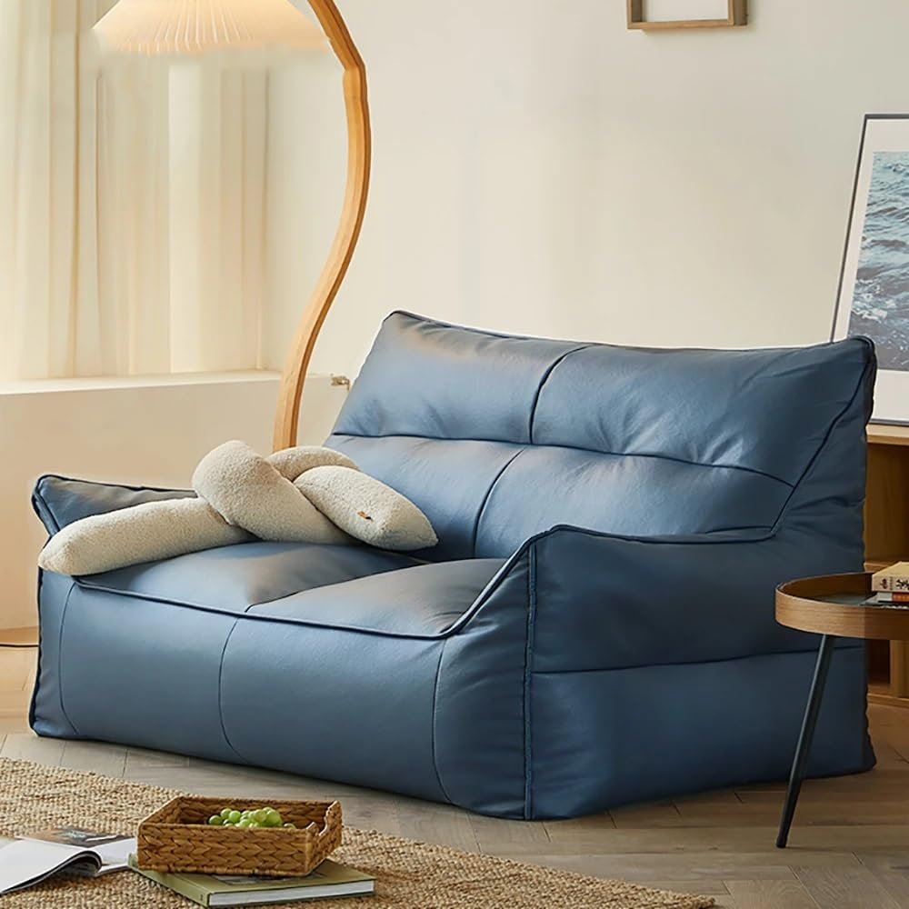 2-seat Bean Bag Chairs Top Faux Leather Bean Bag Sofa Cover No Filler Beanbag Couch Pouf Chaise Lounge Recliner Sac Frameless Furniture (Color : 2-seat-Blue, Size : Emtpty Cover)