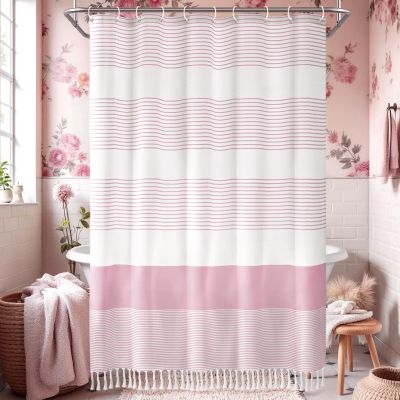 Awellife Boho Pink Shower Curtain for Bathroom Stripe Tassel Shower Curtain 72 X 72 Inches Farmhouse Cotton Girls Coral