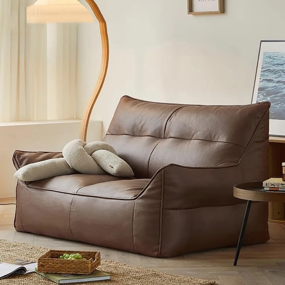 2-seat Bean Bag Chairs Top Faux Leather Bean Bag Sofa Cover No Filler Beanbag Couch Pouf Chaise Lounge Recliner Sac Frameless Furniture (Color : 2-seat-Brown, Size : Emtpty Cover)