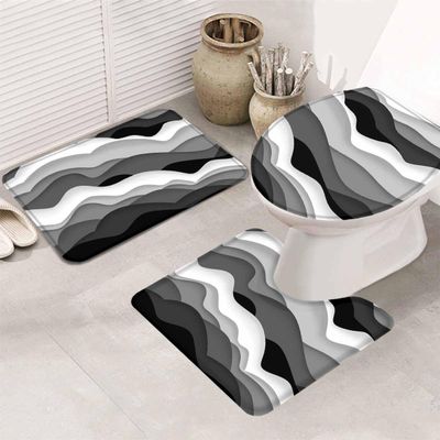 Abstract 3 Piece Bath Rugs Set Modern Geometric Ombre Black Gray Ocean Wave Stripe Bathroom Mats Absorbent Contour Soft Mat Toilet Lid Cover Bathroom Decor Set, 18"x30"+14"x18"+15"x18"