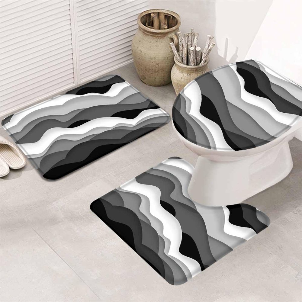 Abstract 3 Piece Bath Rugs Set Modern Geometric Ombre Black Gray Ocean Wave Stripe Bathroom Mats Absorbent Contour Soft Mat Toilet Lid Cover Bathroom Decor Set, 18"x30"+14"x18"+15"x18"