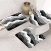Abstract 3 Piece Bath Rugs Set Modern Geometric Ombre Black Gray Ocean Wave Stripe Bathroom Mats Absorbent Contour Soft Mat Toilet Lid Cover Bathroom Decor Set, 18"x30"+14"x18"+15"x18" view 1