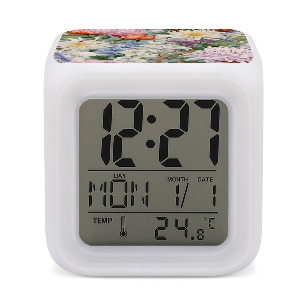 Flowers Floral Alarm Clock 7 Colors Digital Alarm Clock Multi-Function Clock for Home Bedroom Office