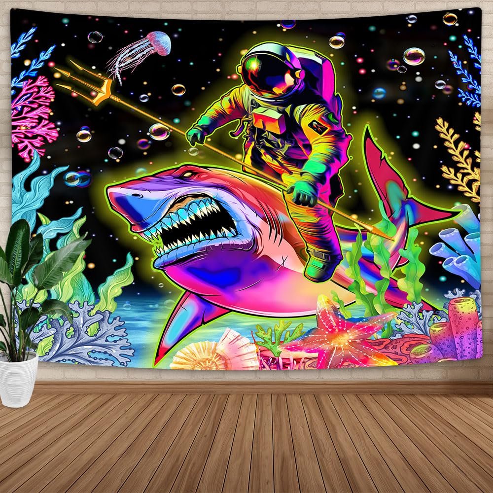MDUKOIN Funny Astronaut Rides Shark Tapestry for Boys Bedroom,Sea Shark Tapestry,Ocean Tapestries Posters Wall Hanging for Room Decor 80X60in