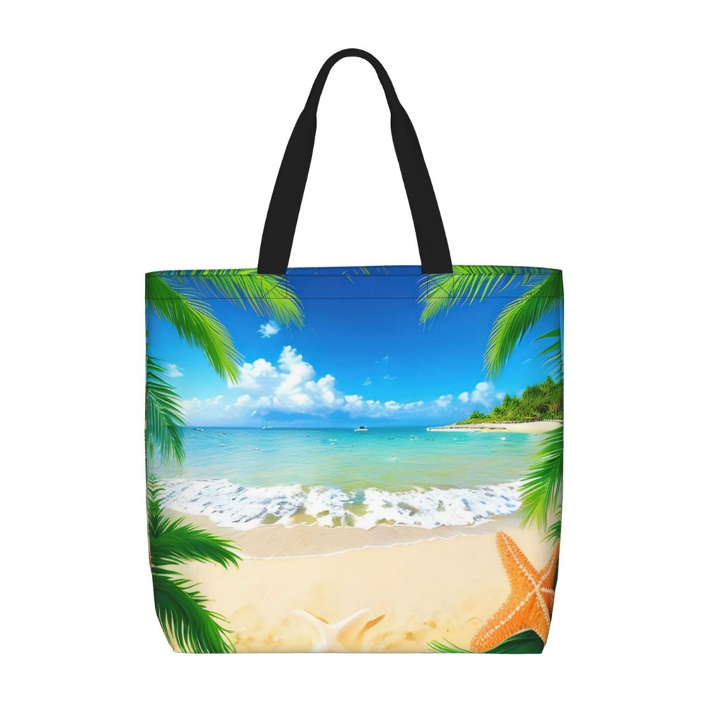 SSIMOO Starfish Beach Sea Palms Trendy Fashion Shopping Bags,Zippered Convenience Bag,Shopping Tote And Shoulder Bag