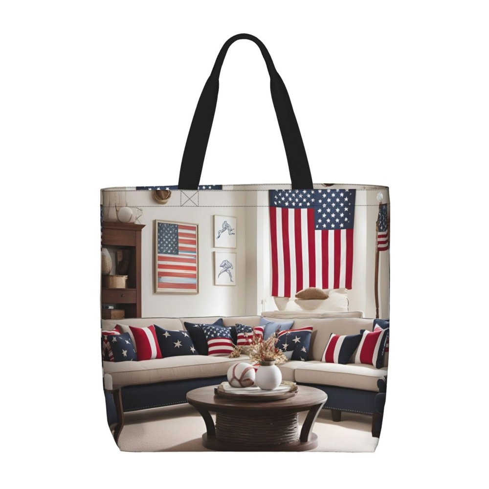 SSIMOO American Flag And Baseball Trendy Fashion Shopping Bags,Zippered Convenience Bag,Shopping Tote And Shoulder Bag