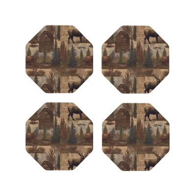 4Pcs Drink Coasters for Drinks Tabletop Protection, Rustic Lodge Bear Moose Leather Coaster for Kinds of Cups, Absorbent Cup Coaster for Coffee Table Home Decor 4" Cup Mat Pad
