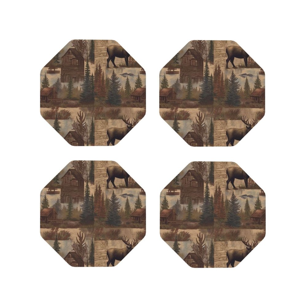 4Pcs Drink Coasters for Drinks Tabletop Protection, Rustic Lodge Bear Moose Leather Coaster for Kinds of Cups, Absorbent Cup Coaster for Coffee Table Home Decor 4" Cup Mat Pad