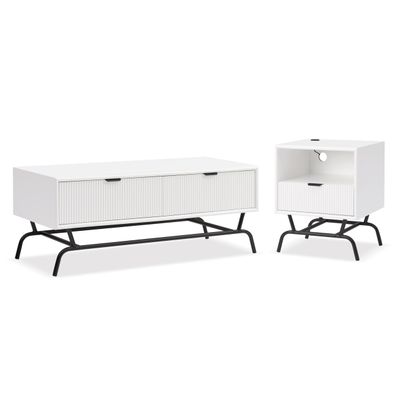 24/7 Shop at Home Quin 2-Piece Modern Coffee End Table Set with 3D Wave Panel Drawer and Metal Legs, Accent Furniture for Living, Home Office, Reception Room, White Pure