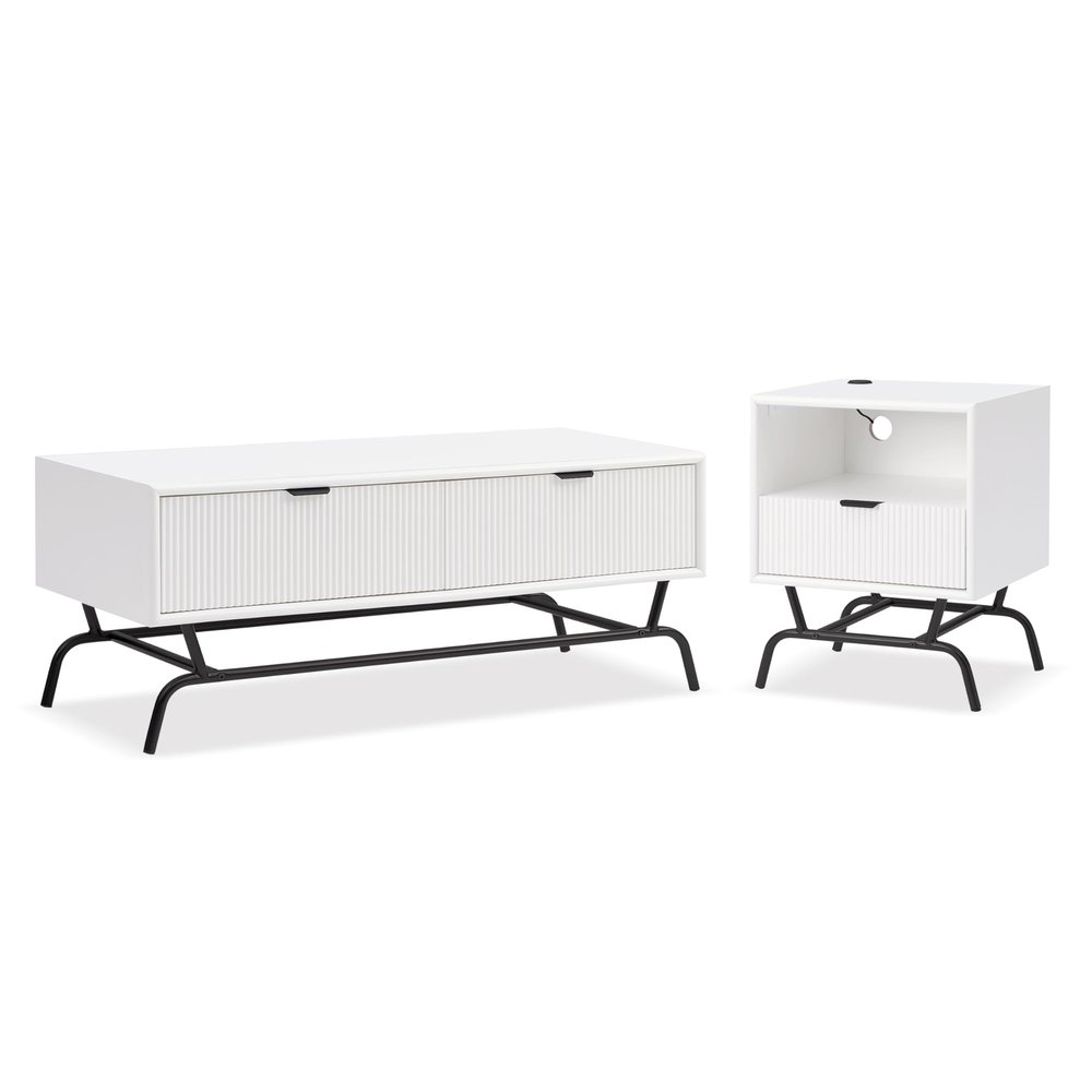 24/7 Shop at Home Quin 2-Piece Modern Coffee End Table Set with 3D Wave Panel Drawer and Metal Legs, Accent Furniture for Living, Home Office, Reception Room, White Pure