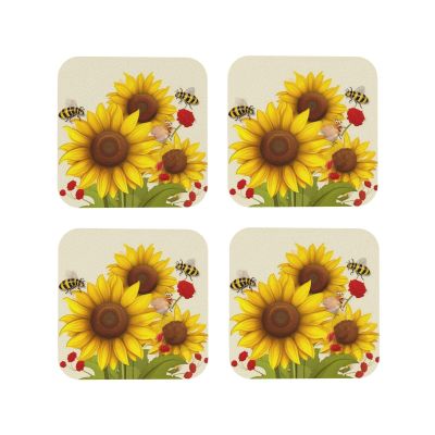 4Pcs Drink Coasters for Drinks Tabletop Protection, Bees Sunflowers Daisy Rose Flowers Leather Coaster for Kinds of Cups, Absorbent Cup Coaster for Coffee Table Home Decor 4" Cup Mat Pad