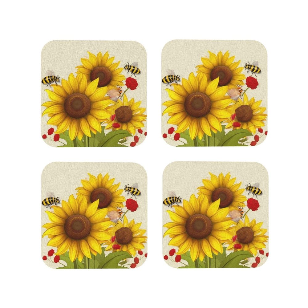 4Pcs Drink Coasters for Drinks Tabletop Protection, Bees Sunflowers Daisy Rose Flowers Leather Coaster for Kinds of Cups, Absorbent Cup Coaster for Coffee Table Home Decor 4" Cup Mat Pad