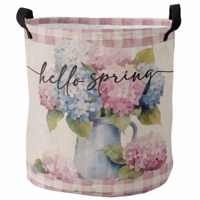 Laundry Basket Retro Blue Pink Hydrangea Floral,Waterproof Collapsible Clothes Hamper Watercolor Flower Buffalo Plaid Linen,Large Storage Bag for Bedroom Bathroom
