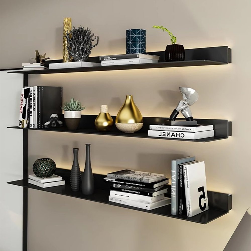 EMYJAY Floating Wall Shelves, Metal Wall Mounted Light-Emitting Shelves Floating Wall Mounted Shelves with Built-in Illuminated LED Light (Color : Black, Size : 80x23x6cm)