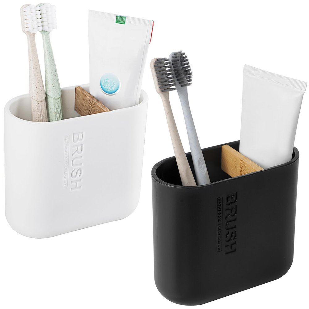 Toothbrush Holders Bamboo Electric Toothbrush Holder Bathroom Storage Organizer Countertop for Toothpaste, Floss, Razor, White and Black