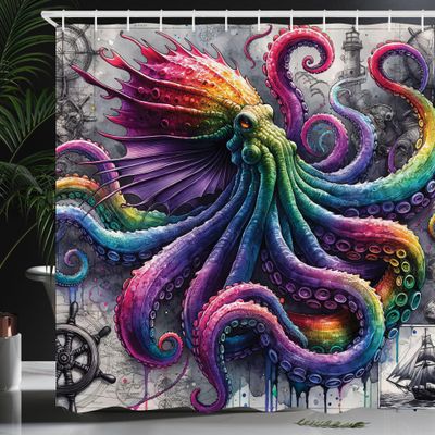 Ambesonne Colorful Shower Curtain, Vintage Marine with Ship and Wheel Ornate Jumble Rave Tone Drawn Kraken, Cloth Fabric Bathroom Decor Set with Hooks, 69" W x 75" L, Purple Turquoise Grey