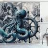 Ambesonne Blue Shower Curtain, Nautical Concept Gothic Marine Fantasy Sailors Nightmare Kraken Siren, Cloth Fabric Bathroom Decor Set with Hooks, 69" W x 70" L, Dark Blue Grey and Ivory view 3
