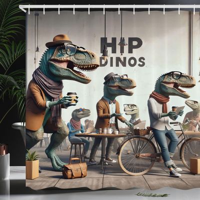 Ambesonne Funny Shower Curtain, Humorous Hipster Dinosaurs at The Coffee Shop Contemporary Art Style, Cloth Fabric Bathroom Decor Set with Hooks, 69" W x 84" L, Sepia Teal and Pale Rust