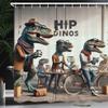 Ambesonne Funny Shower Curtain, Humorous Hipster Dinosaurs at The Coffee Shop Contemporary Art Style, Cloth Fabric Bathroom Decor Set with Hooks, 69" W x 84" L, Sepia Teal and Pale Rust view 1