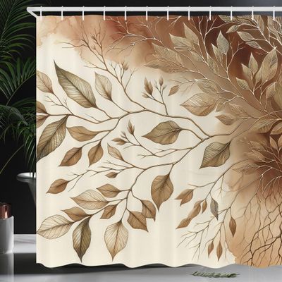 Ambesonne Brown Shower Curtain, Leaf Art Autumnal Branches with Watercolor Effect Background in Warm Colors, Cloth Fabric Bathroom Decor Set with Hooks, 69" W x 75" L, Cream Pale Caramel