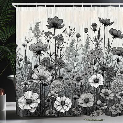 Ambesonne Black and White Shower Curtain, Vintage Style Meadow Prairie Scene with Wild Flowers Print, Cloth Fabric Bathroom Decor Set with Hooks, 69" W x 70" L, Off White and Taupe Grey