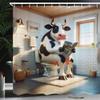 Ambesonne Funny Shower Curtain, Huge Cow Sitting on a Toilet with a Newspaper Whimsical Bathroom Scene, Cloth Fabric Bathroom Decor Set with Hooks, 69" W x 84" L, Pale Brown Grey Coconut view 1