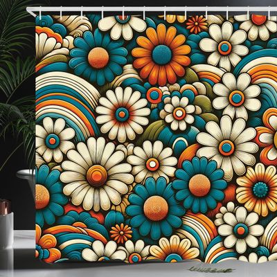 Ambesonne Hippie Shower Curtain, Chamomile Like Flower Blossoming Garden with Swirly Lines in Groovy Colors, Cloth Fabric Bathroom Decor Set with Hooks, 69" W x 84" L, Orange Teal Ivory