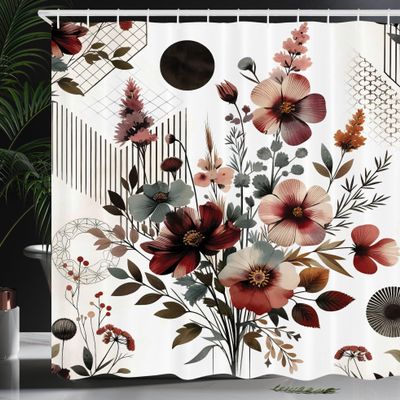 Ambesonne Floral Shower Curtain, Mid Century Modern Rounds Chevrons and Stripes Ornate Leafy Wildflowers, Cloth Fabric Bathroom Decor Set with Hooks, 69" W x 84" L, Maroon Dark Sea Green