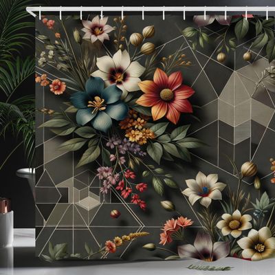Ambesonne Floral Shower Curtain, Futurist Geometry Art Triangle Square Ornate Flowery Bouquet Pattern, Cloth Fabric Bathroom Decor Set with Hooks, 69" W x 75" L, Grey Laurel Green Redwood