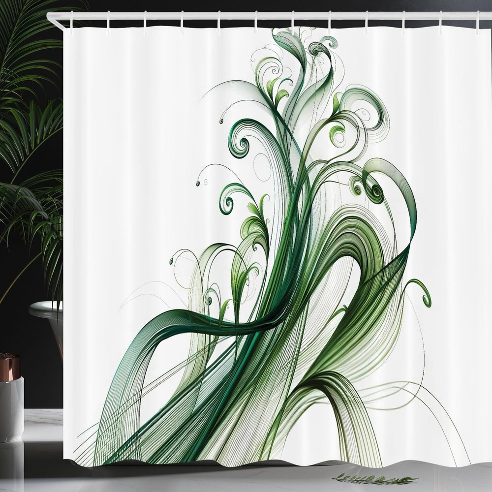 Ambesonne Green Shower Curtain, Modern Abstract Design Curlicue Leaves and Dreamy Stripes with Jungle Tones, Cloth Fabric Bathroom Decor Set with Hooks, 69" W x 84" L, White Emerald Teal