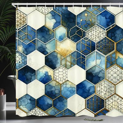 Ambesonne Blue Shower Curtain, Honeycomb Mesh Motif with Watercolor and Geometric Details Hexagon Grid, Cloth Fabric Bathroom Decor Set with Hooks, 69" W x 70" L, Dark Turquoise and Camel
