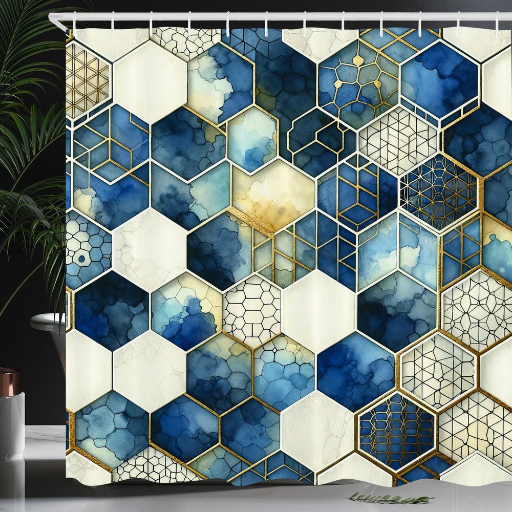 Ambesonne Blue Shower Curtain, Honeycomb Mesh Motif with Watercolor and Geometric Details Hexagon Grid, Cloth Fabric Bathroom Decor Set with Hooks, 69" W x 70" L, Dark Turquoise and Camel