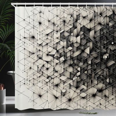 Ambesonne Black and White Shower Curtain, Geometric Design Abstract Connections of Mosaic Look Polygons, Cloth Fabric Bathroom Decor Set with Hooks, 69" W x 70" L, Eggshell Charcoal Grey