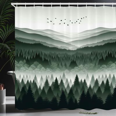 Ambesonne Green Shower Curtain, Modern Print of Woods Scenery Featuring Scandi Mountain Wilderness and Birds, Cloth Fabric Bathroom Decor Set with Hooks, 69" W x 70" L, Emerald Off White
