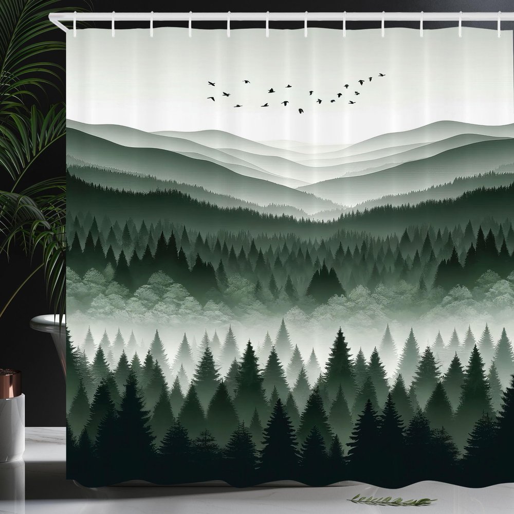 Ambesonne Green Shower Curtain, Modern Print of Woods Scenery Featuring Scandi Mountain Wilderness and Birds, Cloth Fabric Bathroom Decor Set with Hooks, 69" W x 70" L, Emerald Off White