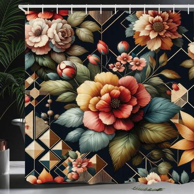 Ambesonne Floral Shower Curtain, Leafy Atmosphere Garden Scene with Blooming Roses and Futurist Lines, Cloth Fabric Bathroom Decor Set with Hooks, 69" W x 75" L, Khaki Coral Olive Green