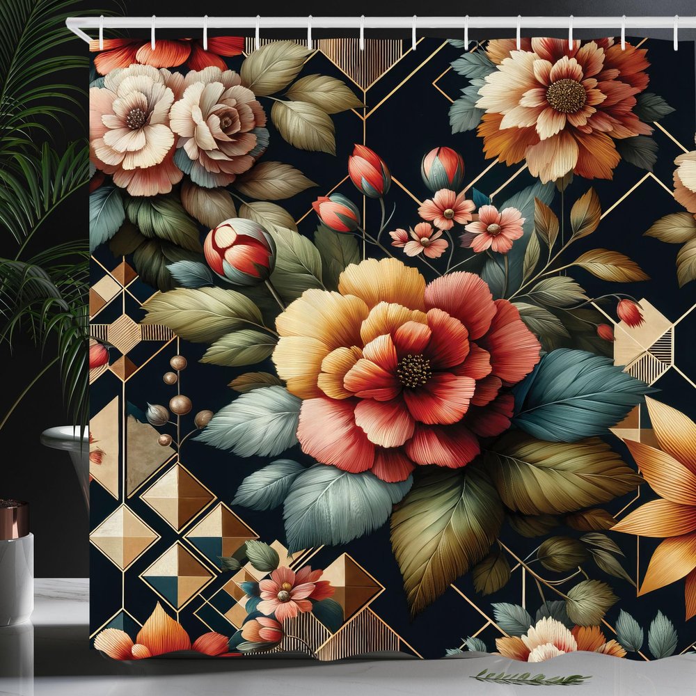 Ambesonne Floral Shower Curtain, Leafy Atmosphere Garden Scene with Blooming Roses and Futurist Lines, Cloth Fabric Bathroom Decor Set with Hooks, 69" W x 75" L, Khaki Coral Olive Green