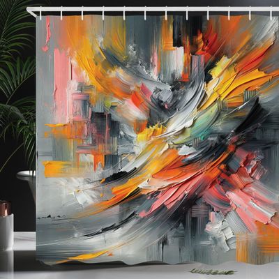 Ambesonne Colorful Shower Curtain, Abstract Expressionism Concept Futurist Painting Print Grunge Details, Cloth Fabric Bathroom Decor Set with Hooks, 69" W x 75" L, Orange Coral Pale Grey