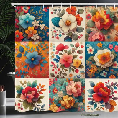Ambesonne Floral Shower Curtain, Multicolor Ethnic Flowers in Squares with Patchwork Inspirations, Cloth Fabric Bathroom Decor Set with Hooks, 69" W x 84" L, Orange and Dark Turquoise