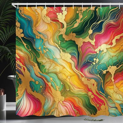 Ambesonne Colorful Shower Curtain, Modern Interpretation of Jumble Tones Ebru Pattern with Dreamy Feels, Cloth Fabric Bathroom Decor Set with Hooks, 69" W x 84" L, Pale Coffee Dark Coral