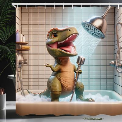 Ambesonne Funny Shower Curtain, Whimsical Scene of Dino Character Taking a Shower and Singing with a Mic, Cloth Fabric Bathroom Decor Set with Hooks, 69" W x 84" L, Olive Green Dark Tan
