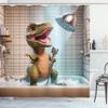 Ambesonne Funny Shower Curtain, Whimsical Scene of Dino Character Taking a Shower and Singing with a Mic, Cloth Fabric Bathroom Decor Set with Hooks, 69" W x 84" L, Olive Green Dark Tan view 3