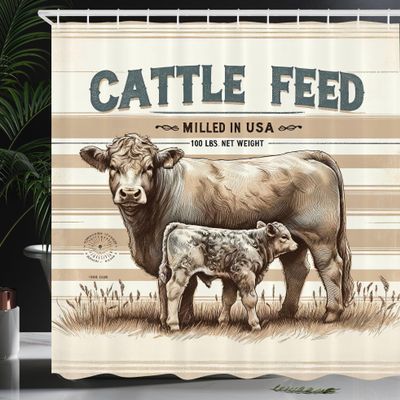 Ambesonne Farmhouse Shower Curtain, Vintage Style Illustration of Cow and Its Little One on Stripes Cottage, Cloth Fabric Bathroom Decor Set with Hooks, 69" W x 84" L, Tan Ivory Warm Taupe