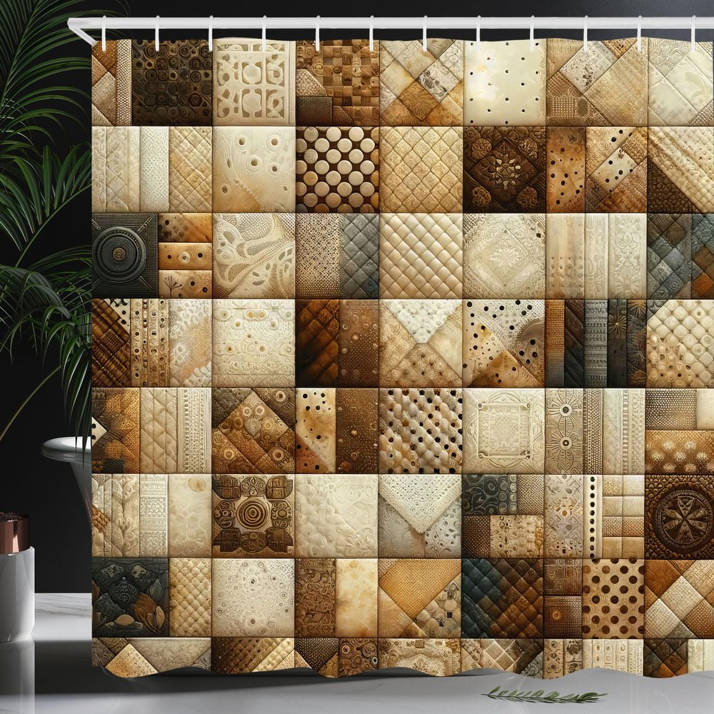 Ambesonne Brown Shower Curtain, Patchwork Inspired Cubes in Bohemian Concept Block Squares Ethnic Feels, Cloth Fabric Bathroom Decor Set with Hooks, 69" W x 75" L, Dark Cocoa Warm Taupe