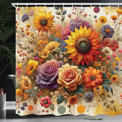 Ambesonne Colorful Shower Curtain, Spring Happiness of Farmhouse Concept Art Sunflower and Rose Huddles, Cloth Fabric Bathroom Decor Set with Hooks, 69" W x 75" L, Indigo Pale Green