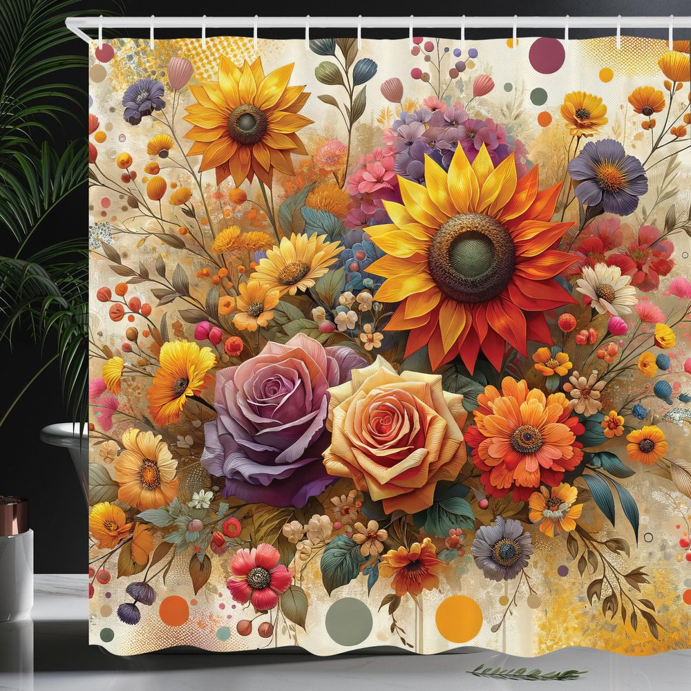 Ambesonne Colorful Shower Curtain, Spring Happiness of Farmhouse Concept Art Sunflower and Rose Huddles, Cloth Fabric Bathroom Decor Set with Hooks, 69" W x 75" L, Indigo Pale Green