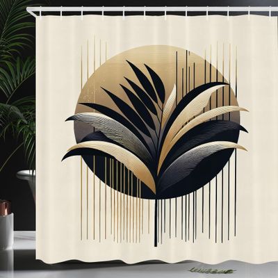 Ambesonne Aesthetic Shower Curtain, Minimal and Modern Botanical Design of Leafy Branches Stripes Circle, Cloth Fabric Bathroom Decor Set with Hooks, 69" W x 84" L, Ivory Camel Dark Blue