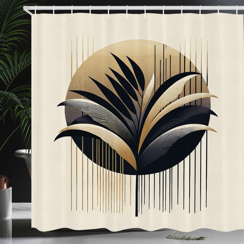 Ambesonne Aesthetic Shower Curtain, Minimal and Modern Botanical Design of Leafy Branches Stripes Circle, Cloth Fabric Bathroom Decor Set with Hooks, 69" W x 84" L, Ivory Camel Dark Blue