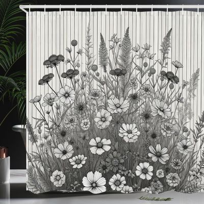 Ambesonne Black and White Shower Curtain, Blooming Meadow of Wildflowers on Retro Thin Lines Background, Cloth Fabric Bathroom Decor Set with Hooks, 69" W x 70" L, Pale Grey and Off White